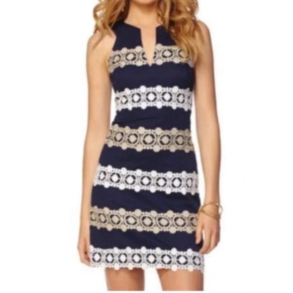 Lilly Pulitzer Augusta Shift Dress True Navy Anchors Jacquard Lace Trim Size 10 - Picture 14 of 14